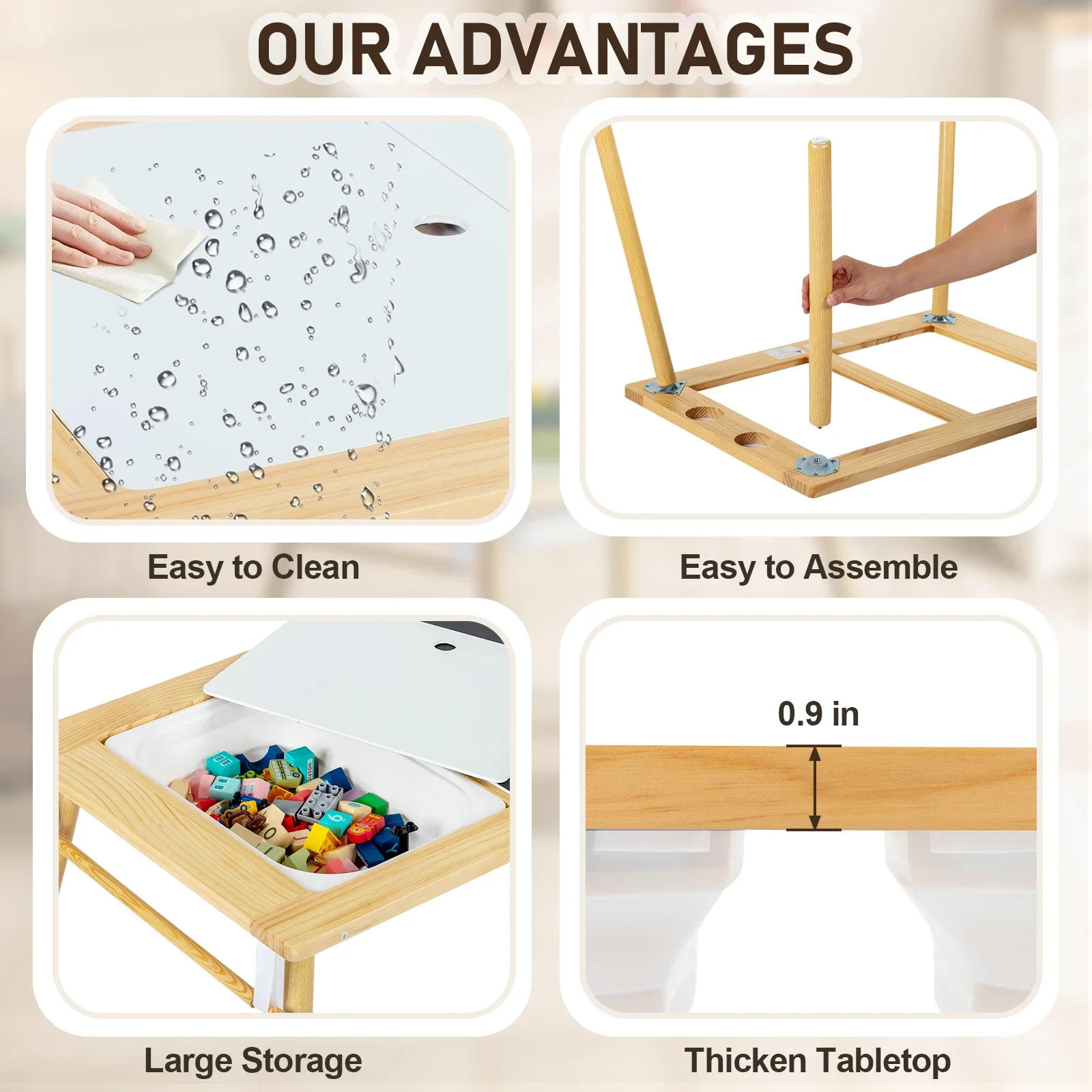 US Stock Children's Sensory Table with Stool, Kids Activity Table with 2 Storage Bins & 2 Pen Holders & Paper Roll,Wood 2