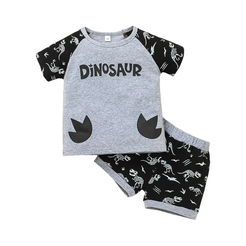 

Summer Kids Cartoon Dinosaur Short Sleeve T-shirt+Shorts Casual Colorblock Children's Sets 1-5 Years For Baby For Kids Cloth