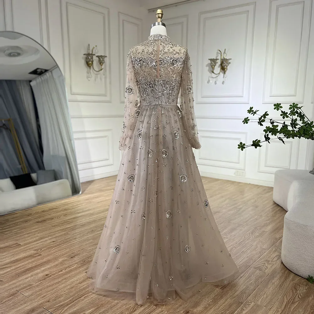 SERENE HILL Customized Arabic Nude Luxury Beaded A-Line Evening Dress 2026  Neck Modest Muslim Women Party Gown CLA72594