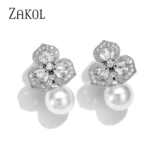 ZAKOL Cute Flower Pearl Stud Earings For Women Zircon Earring Wedding Party Jewelry Gifts