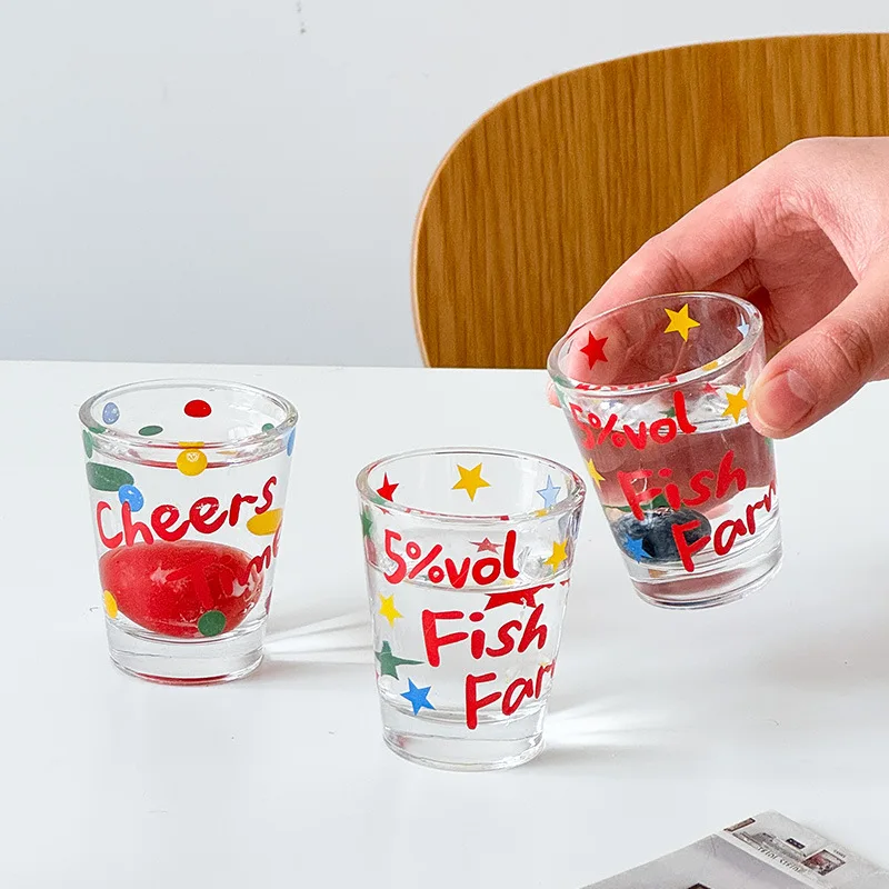 Letter Printed Glass Cup Wine Glasses,Cute Japanese Soju Glass,Thick Mini Whiskey Cocktail Glass Bar Wine Goblet Kawaii Cup Gift