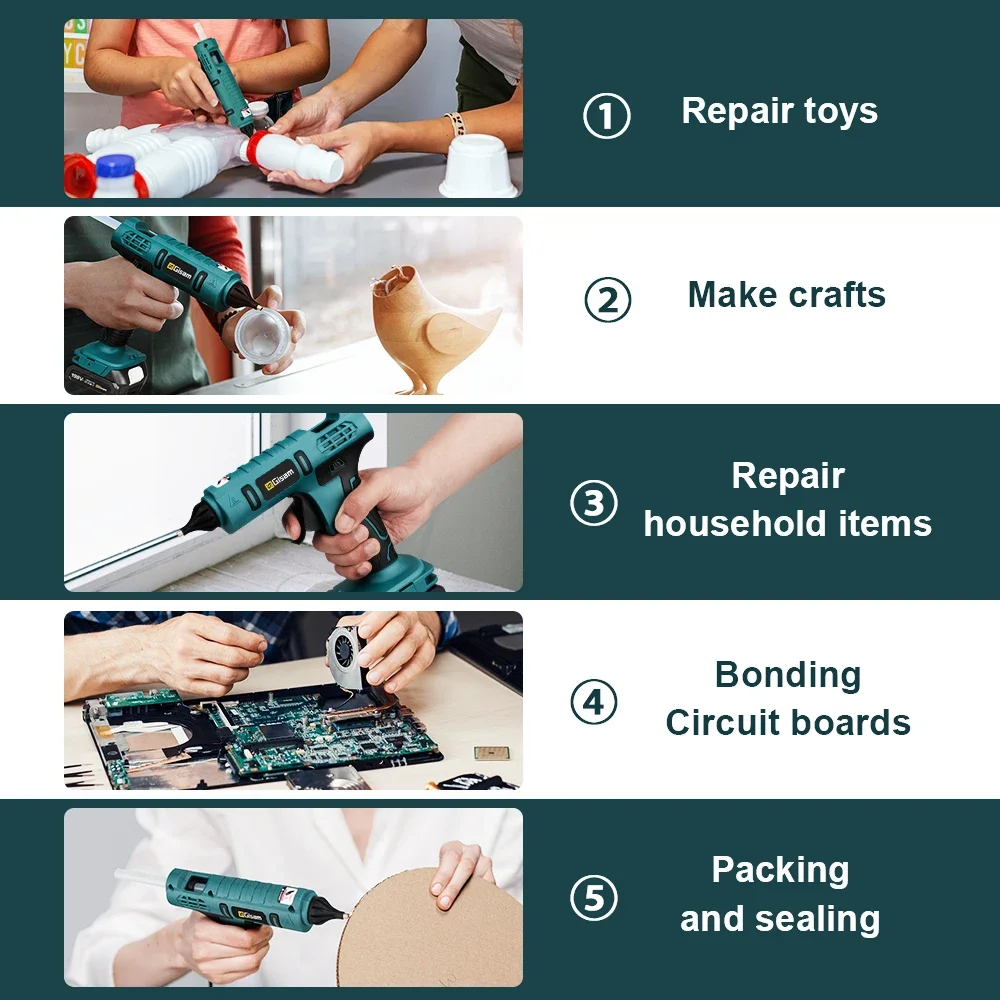GISAM Cordless Electric Hot Glue Gun, battery powered heat silicone gun with 10 hot melt adhesive sticks, DIY hand tool compatible with Makita 18V battery - Image 4