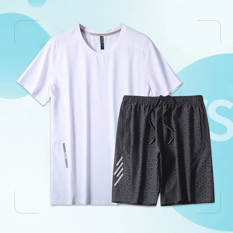 2023 Summer Ice Silk Fabric Motion Men's Set Man Round Neck Short Sleeve Breathable T-Shirts + Thin Style Quick Drying Shorts