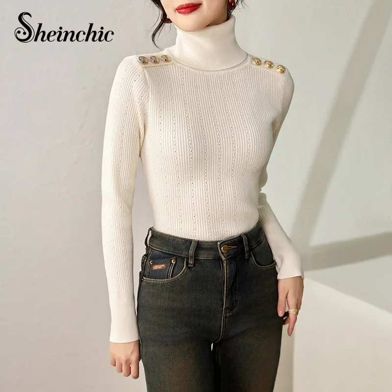 

Runway Designer Turtleneck Tops for Women 2024 Autumn Luxury Gold Buttons Knitted Sweater Muer Casual White Pull Hiver Femme