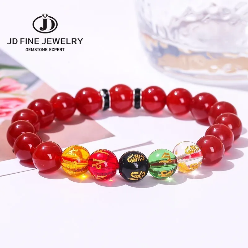Jd Natural Stone Black Red Agate Parole Buddiste Intagliate Strand Bracciali Donna Uomo Fashion Five Elements Energy Elastic Jewelry