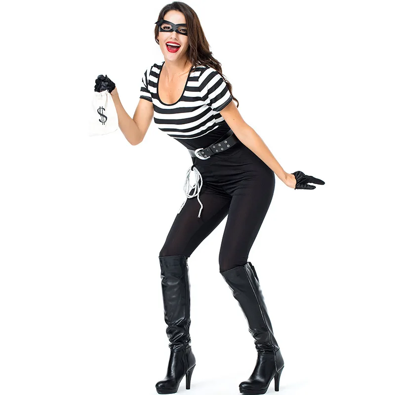 

Women Prisoner Costumes Sexy Thief Bank Robber Bandit Burglar Girl Costume Halloween Carnival Mardi Gras Party Outfit