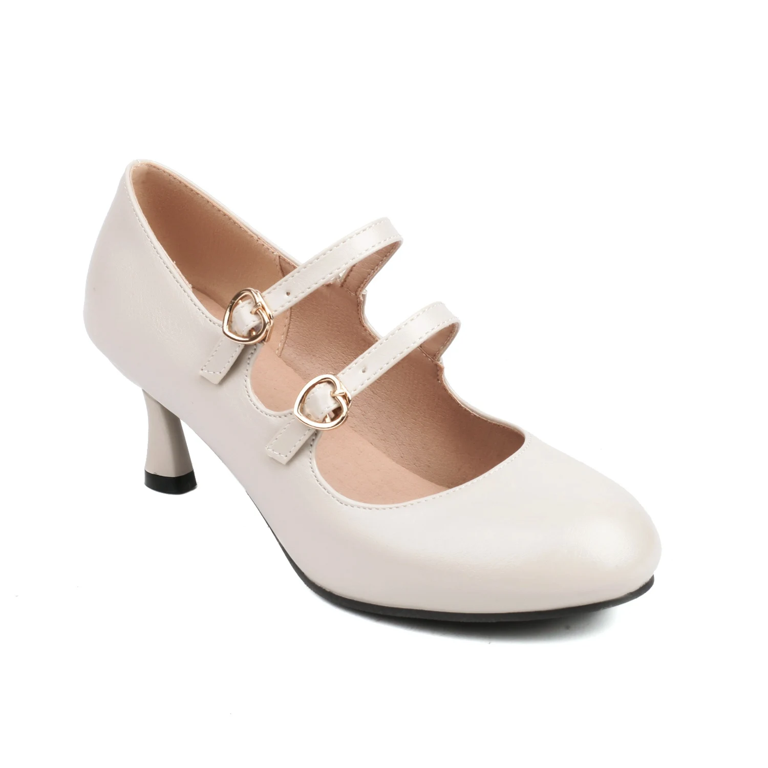 Han Dynasty Shoes for Women, Apricot Color Flats, Double Buckle Straps, Round Toe Shoes, Lady Style with Cheongsam, Republic of China Style High Heels 434548 Plus Size Work Shoes 6