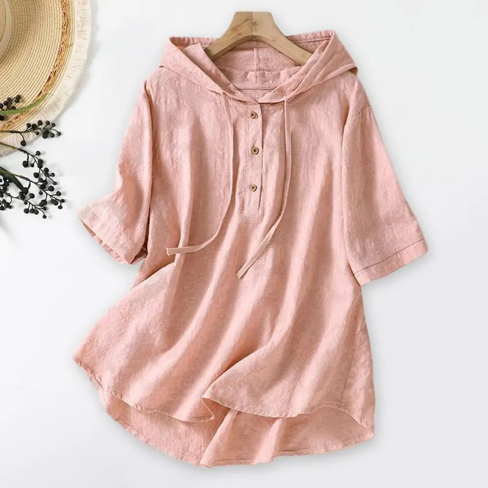 

Women Top Hooded Short-sleeve Blouse Stylish Women's Hooded Tops Solid Color T-shirt with Buttons Vintage Half Sleeve Shirt