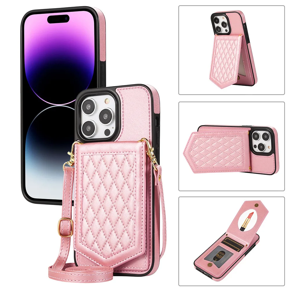 

New for iPhone 14 Mirror Card Wallet Phone Case 13promax Clamshell Stand XSMAX Xs XR Crossbody Lanyard 12 11pro 8plus 7G Cover