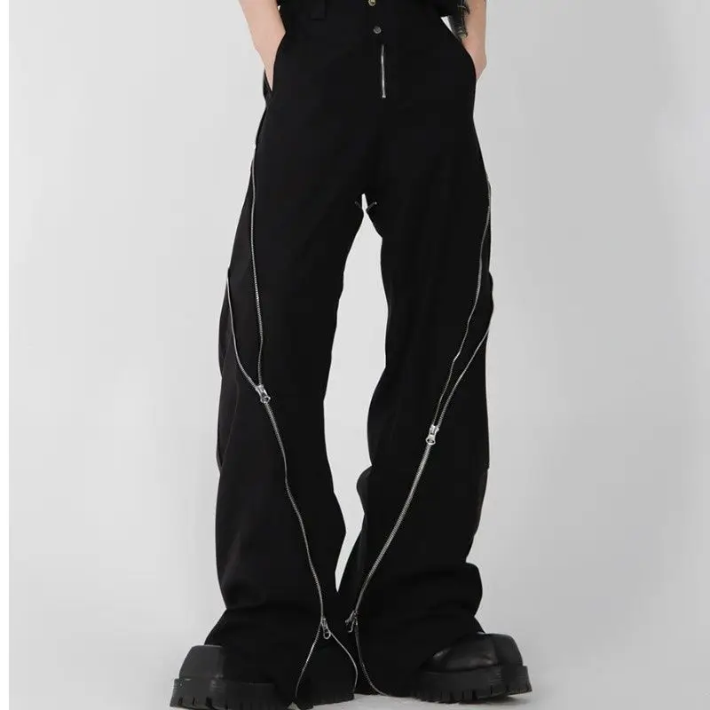 

Design Slit Slightly Flared Pants American Trendy Brand Men Black Zipper Vertical Feeling Straight Casual Pants Retro Trousers