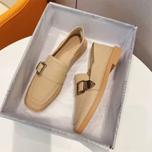 

Authentic Leather Shoes Female British Style 2022 Spring New Loafers Square Head Low Top Retro Women's Soft Bottom Shoes