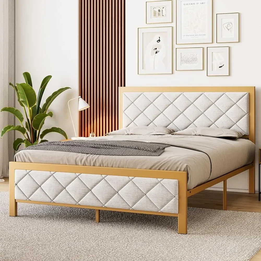 

Full-size bed frame, metal bed frame with padded velvet headboard, non-slip and noiseless, platform bed frame with steel slats