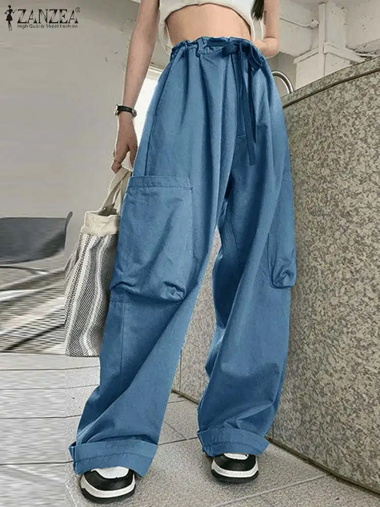 

Брюки ZANZEA женские с широкими штанинами, уличная одежда, модные однотонные повседневные свободные штаны-карго с завышенной талией, 2023
