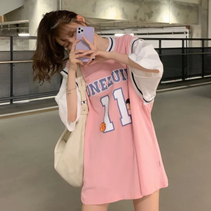 

T Shirt for Women Long Patchwork Basketball T-shirt Female White Jersey Short Sleeve Student Korean Loose Summer Top