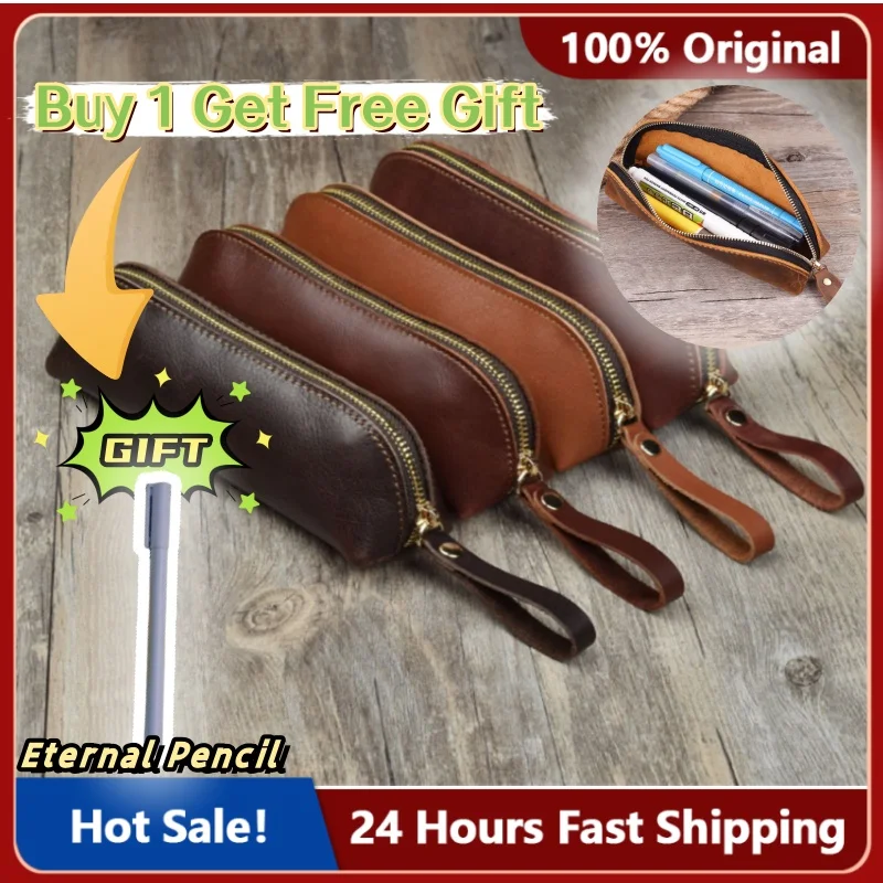 

Genuine Leather Pencil Bag Cowhide Handmade Pen Case Student Stationery Holder School Supplies Stationery Storage Organization