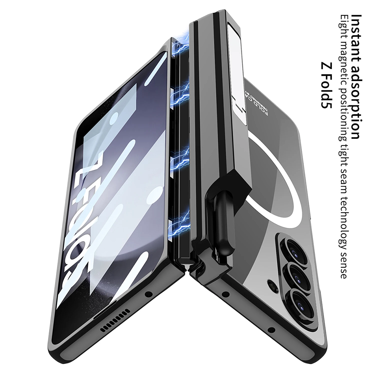 For Samsung Galaxy Z Fold 5 Magsafe Case Wireless Charging Electroplated Transparent Magnetic Hinge Pen Holder Kickstand Cover