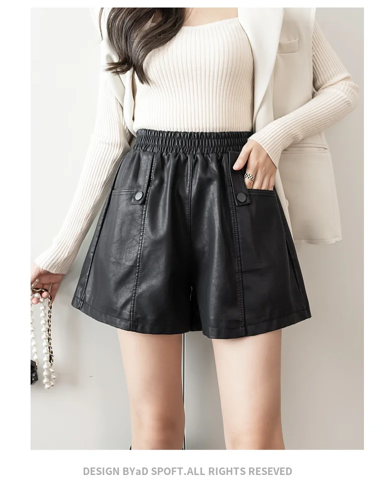 Elastic High Waist PU Leather Shorts Women Black Wide Leg Shorts Ladies Fall Casual Loose Pocket Leather Short Femme 2021 Winter biker shorts