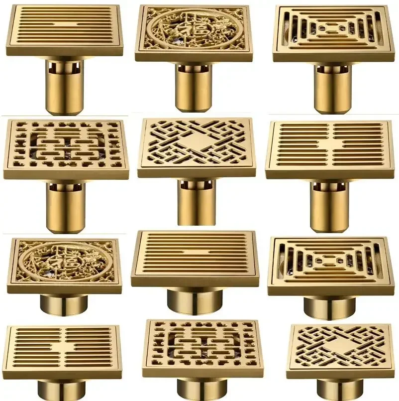 

10*10cm Golden Floor Drain Brass Prevention Odor Thickening Drain Shower Bathroom Drainage Balcony Washing Machine Floor Drain