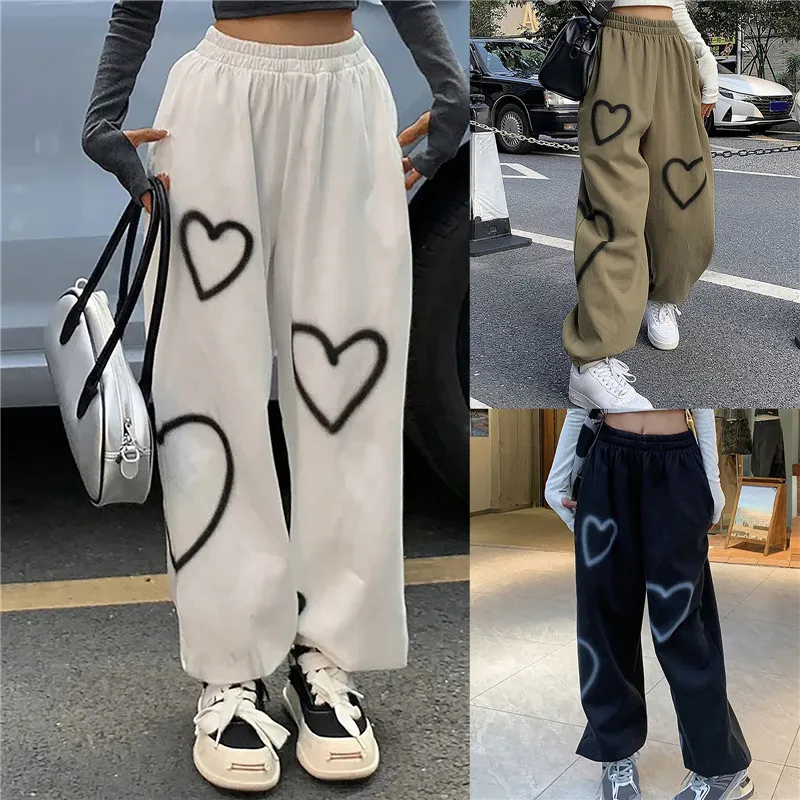 

New Vintage Heart Printing Casual Pants Women Summer Thin Section Loose Straight Jogging Pants Fashion Hip Hop Streetwear