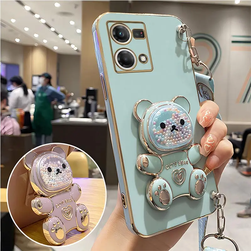 Quicksand Bear Holder Lanyard Phone Case For Oppo Reno9 Reno 7 8 9 Pro Plus 8T 4G 5G 5F 2 2Z 2F 3 5Lite 6Z 7SE Strap Stand Cover