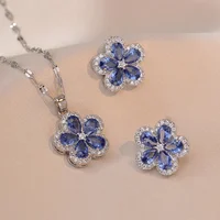 Ensemble de bijoux pour Banquet, Style INS, cristal bleu, fleur en Zircon, argent S925, aiguille, boucle d'oreille, collier, Design de luxe, exquis 1