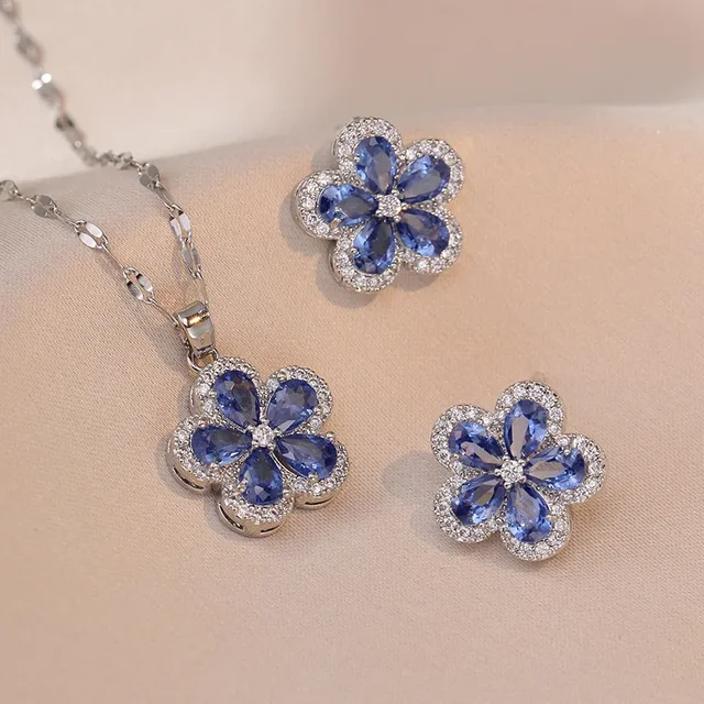 Ensemble de bijoux pour Banquet, Style INS, cristal bleu, fleur en Zircon, argent S925, aiguille, boucle d'oreille, collier, Design de luxe, exquis 1