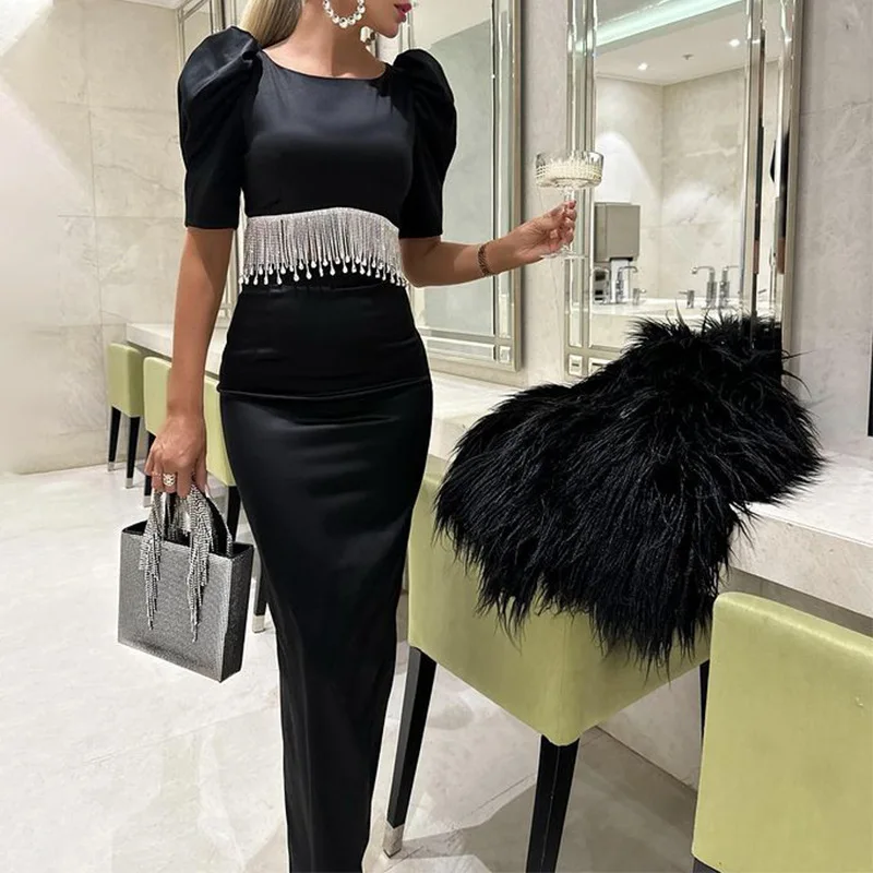 

2024 Spring New Solid Color Slim Evening Party Elegant Suit Women Sexy Short Puff Sleeve O-Neck Tassel Top High Waist Skirt Suit