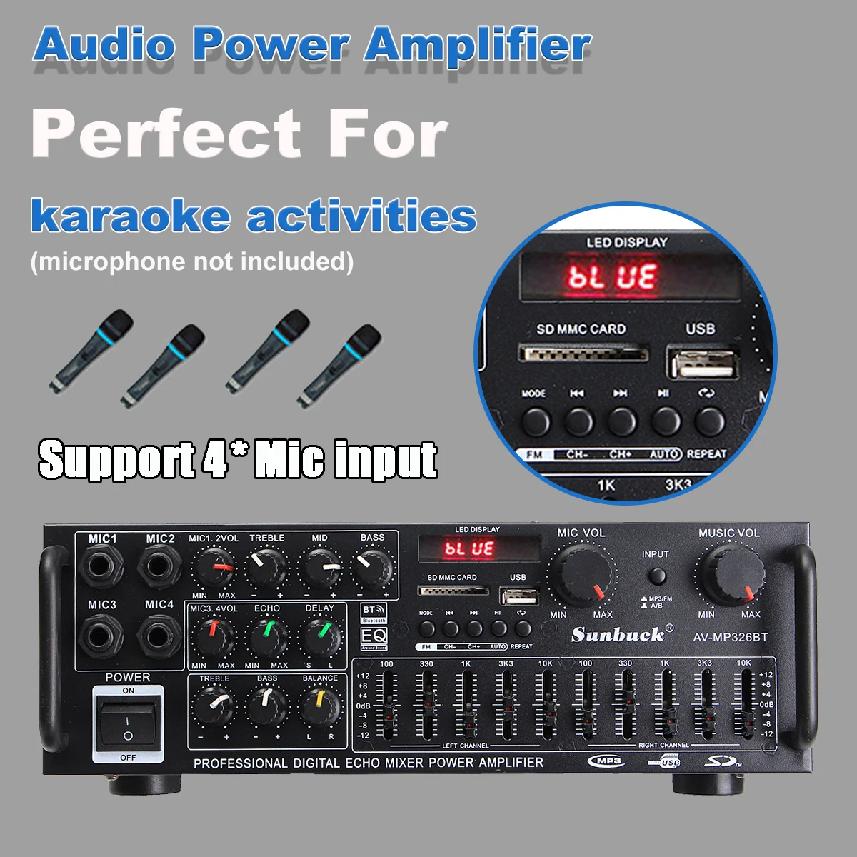 4000W Bluetooth Amplifiers Support 4 Way Microphone Input USB SD FM AUX Digital Audio Stereo Amplificador Speaker Remote Control