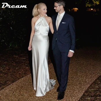 DREAM Customized Twist Halter Sleeveless Sheath Simple Wedding Dress 2025 Backless Sexy Bow Tie Sweep Train Bridal Gowns