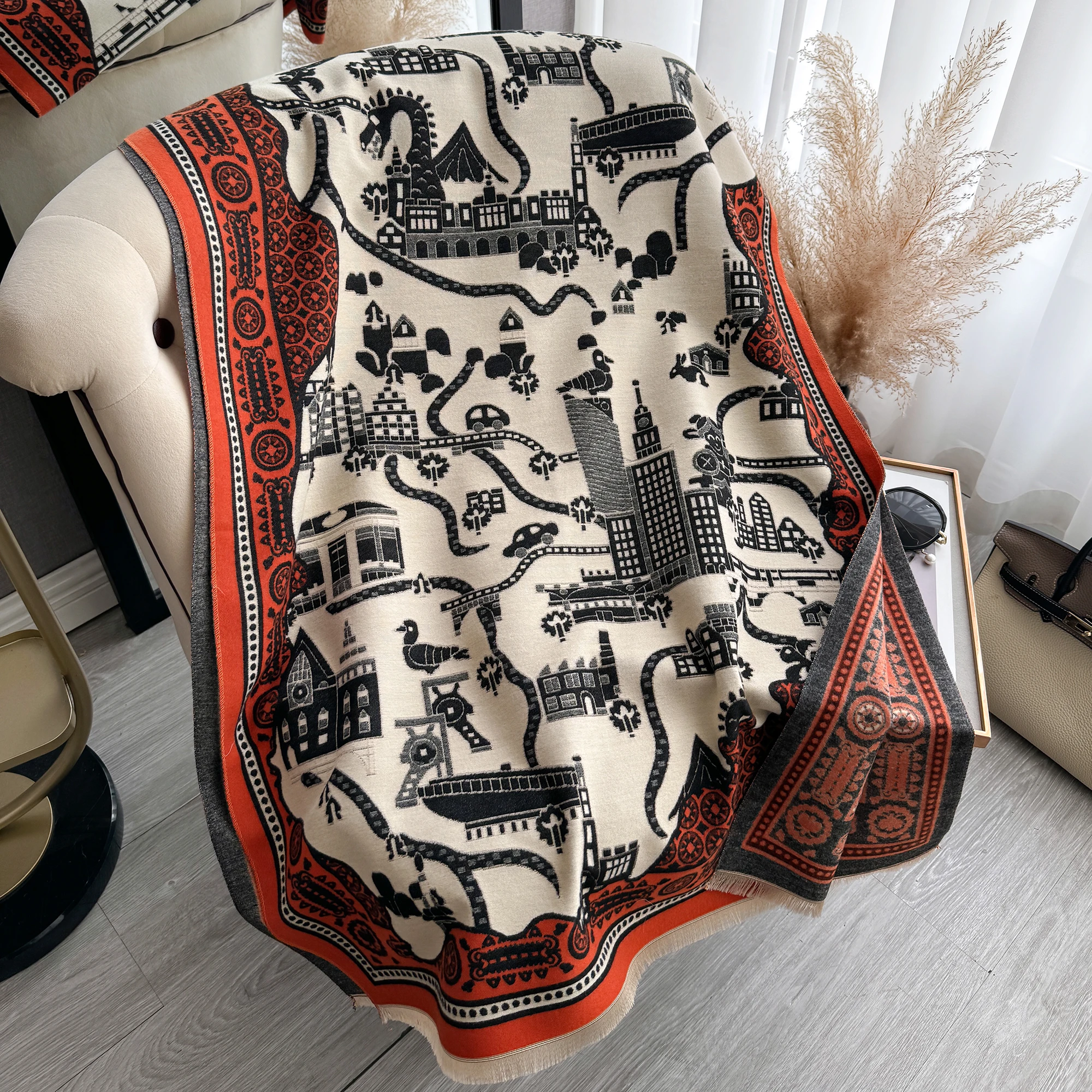 New Arabia Double Sided Tassel Scarf Mature Imitation Cashmere Warm Shawl Autumn Winter Office Coldproof Windproof Wrapped Scarf