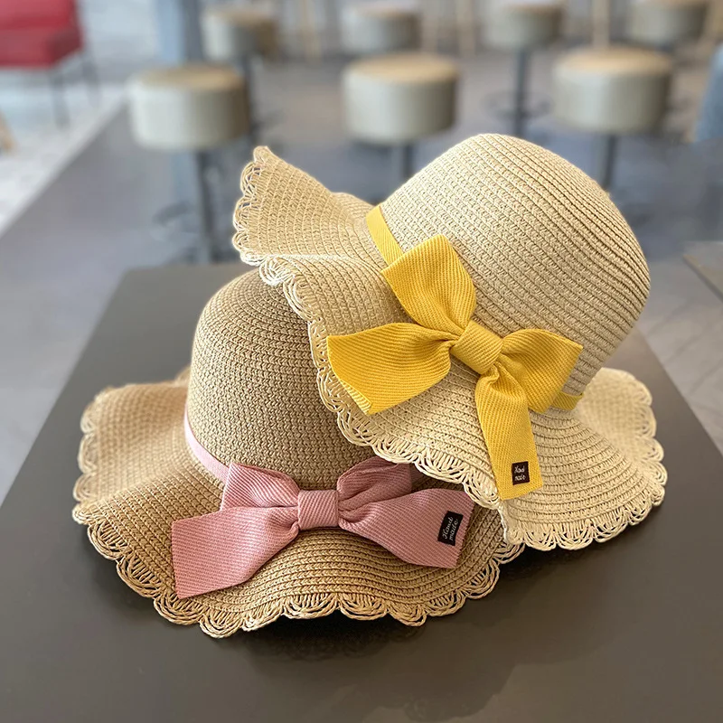 Summer Baby Girls Straw Hat And Shoulder Bag 2pcs Set Parent-child Wide Brim Lace Holiday Beach Sun Hats Outdoor Bucket Cap straw hat baby sun hat outdoor sun hat baby hat set