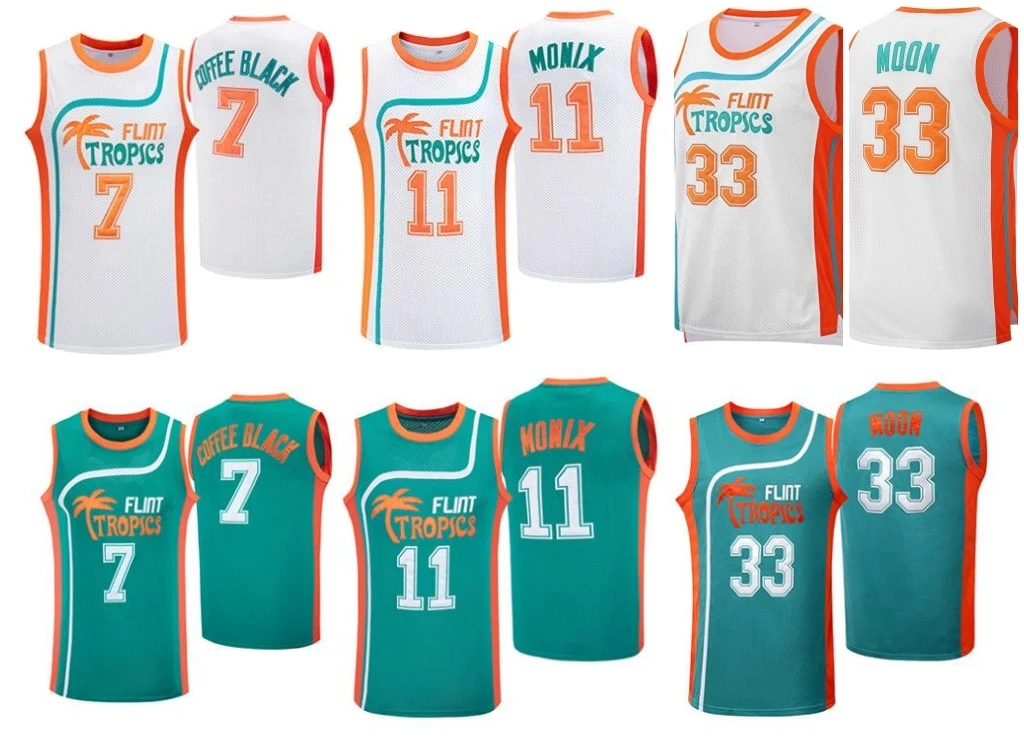 Flint Tropics Basketball Jersey 7 Coffee Black 11 Ed Monix 33 Jackie Moon Jersey Men's Sports Movie Basketball
