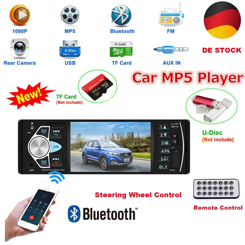 OiLiehu 1 Din Car Radio Touch Screen 4.1 Inch Auto Audio Car Stereo MP5 Bluetooth USB FM Camera Multimedia Player