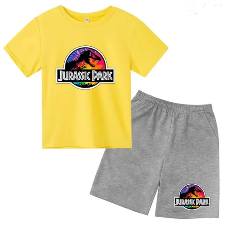 thumbnail image 1 of Conjunto de 2 piezas de camiseta y pantalones cortos con estampado de dinosaurio de Jurassic Park para niños y niñas, con estampado de dibujos animados de verano, 1 of 5