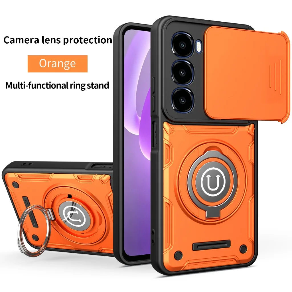 Magnetic 360° Ring Kickstand Phone Case with Slide Camera Lens Cover - Shockproof Design