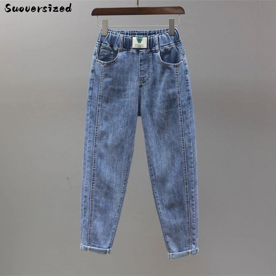 BleachedCuffsBaggyJeansElasticHighWaistAnkleLengthHaremPants
