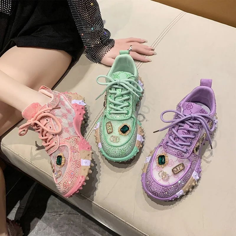New Women Summer Autumn Sneakers with full Rhinestone Fashion 35-40 Platform Sport Shoes Sapatillas de mujer Tenis White 6982