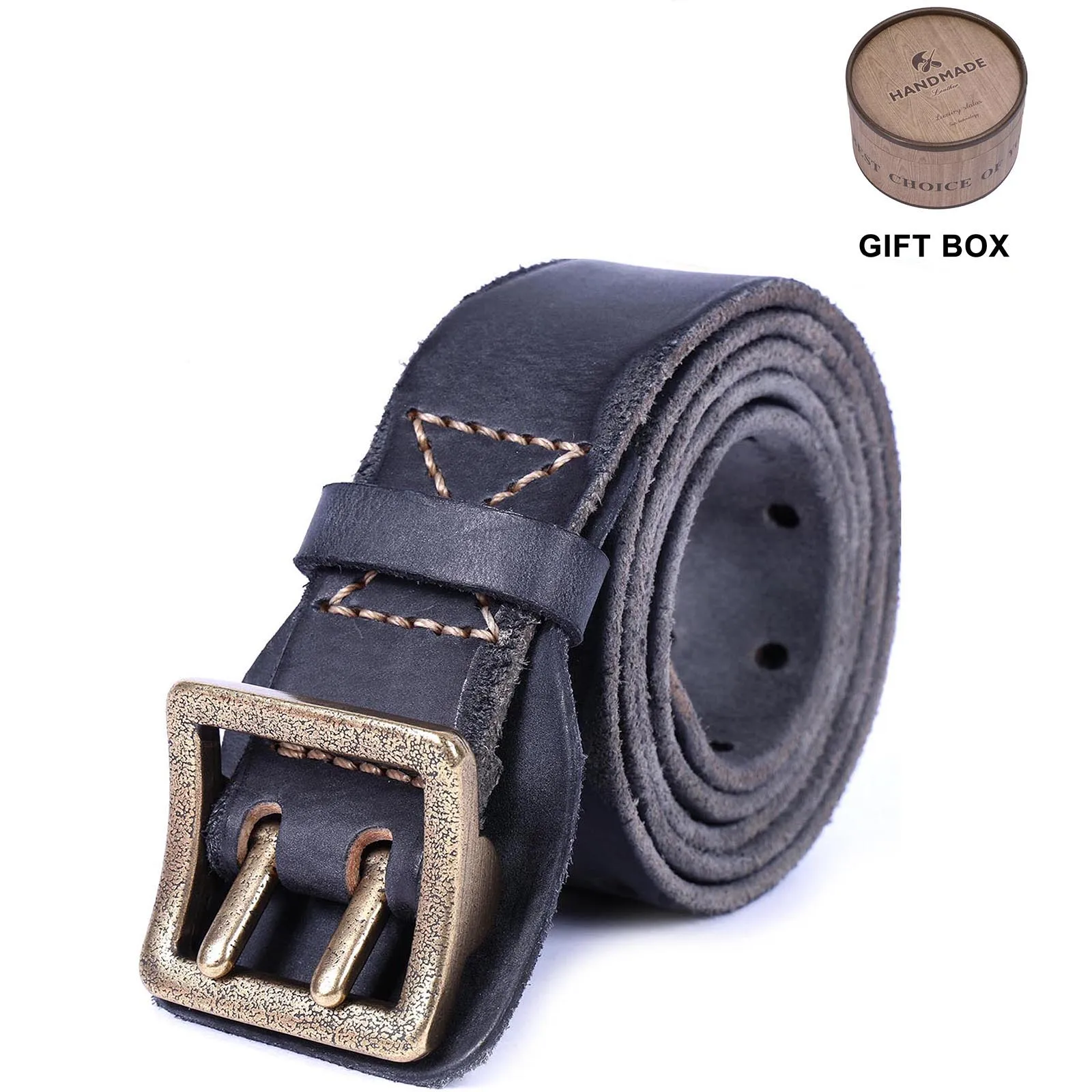 Handcrafted Vintage Leather Men's Belt with Copper Double Pin Buckle - Gift Box Included