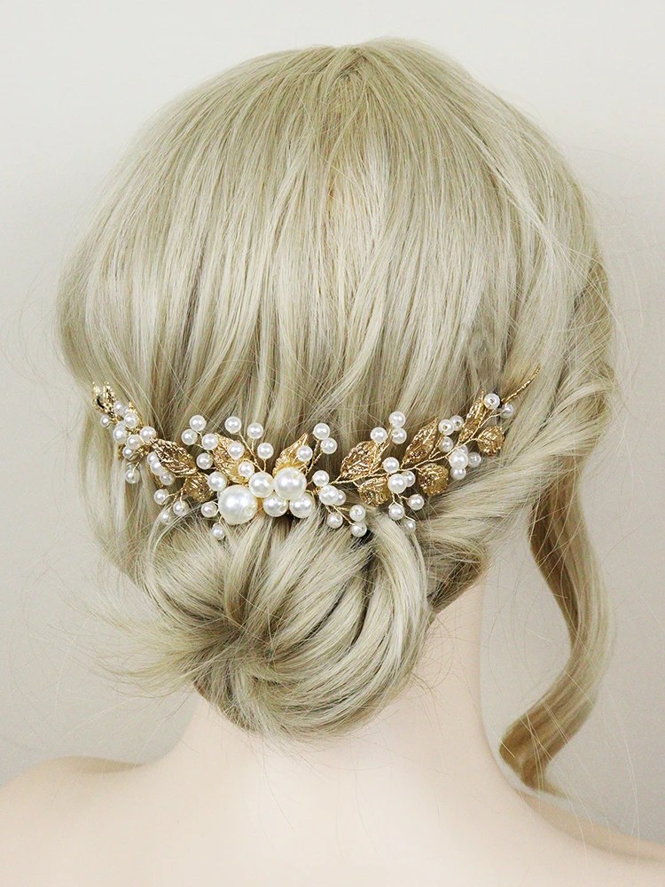 Hair Accessories Bridal Hair Accessories Bridal Jewelry Set-Handmade Golden Leaf Pearls Headband for Bride Party Wedding