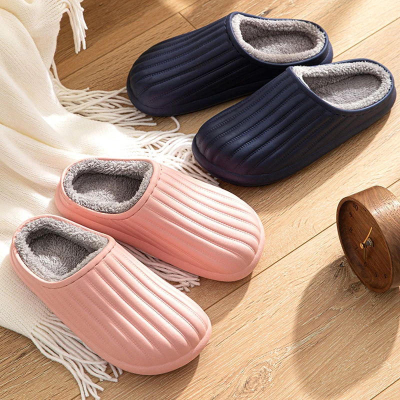 Shevalues Furry Cotton Slippers Women 2023 Winter Waterproof Leather Fur Slippers Indoor Comfortable Plush Couple Casual Slides