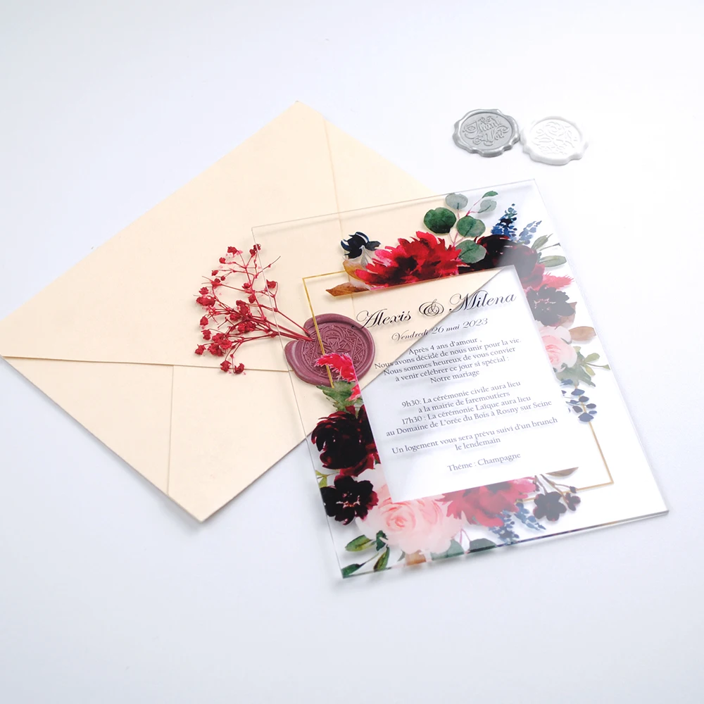 Transparent Personalized Printed Thick Acrylic Wedding Invitations Cards Box Envelop 10pcs