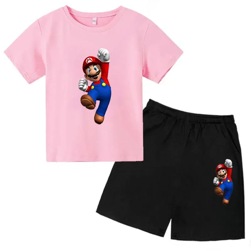 thumbnail image 1 of Conjunto de 2 piezas de camiseta y pantalones cortos de Mario de manga corta de verano para niños y niñas de 3 a 12 años, conjunto deportivo informal para niños, 1 of 5