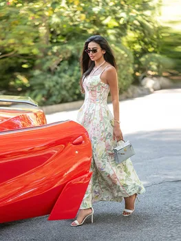 Women Elegant Printed Halter Long Sling Dress Sexy V-neck Sleeveless High Waist Slim A-line Dresses Lady Evening Party Dress 1