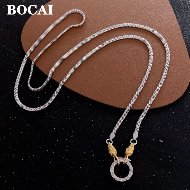 

BOCAI New Real S925 Silver Jewelry Accessories Retro Tang Grass Pattern Round Snake Bone Chain Colored Lace Necklace for Men