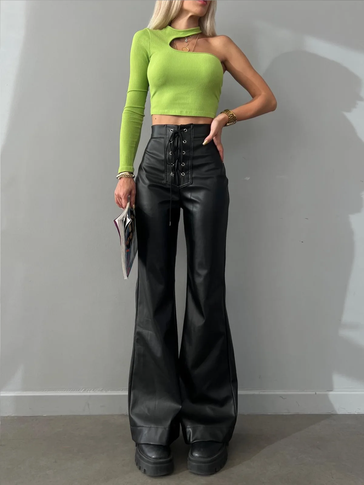 Solid Color Slim Flare Leather Pants For Women 2025 Fashion Vintage Elegant Women's High Waist Pants Female Streetwear Trousers