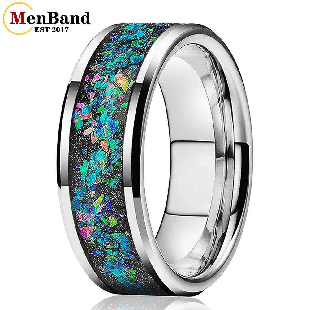 

MenBand Silver 8MM Men Women Tungsten Carbide Wedding Band Ring With Galaxy Series Opal Inlay Polished Beveled Fashion Comfort