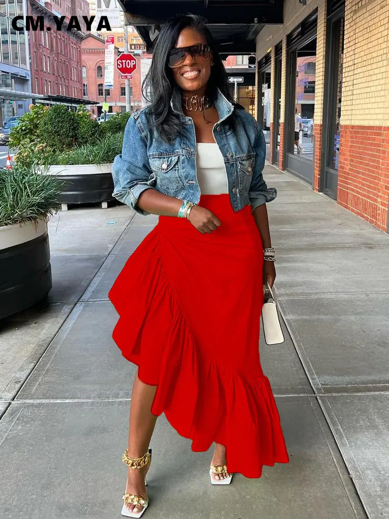 Red Skirt Long Skirt With High Waist Asymmetric Maxi Skirt Fashion