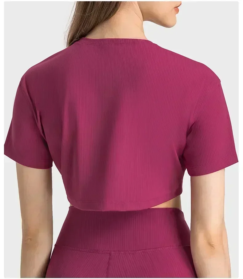 Lemon Women Yoga Sport Shirts Ribbed Fabric Outdoor Jogging T-Shirts Sportswear Gym Clothing Short Sleeve Top Women Clothing