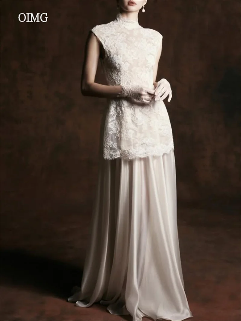OIMG Modern Lace High Neck A Line Wedding Dress Sleeveless Backless Bride Dresses Floor Length Wedding Gowns 2026 Customized