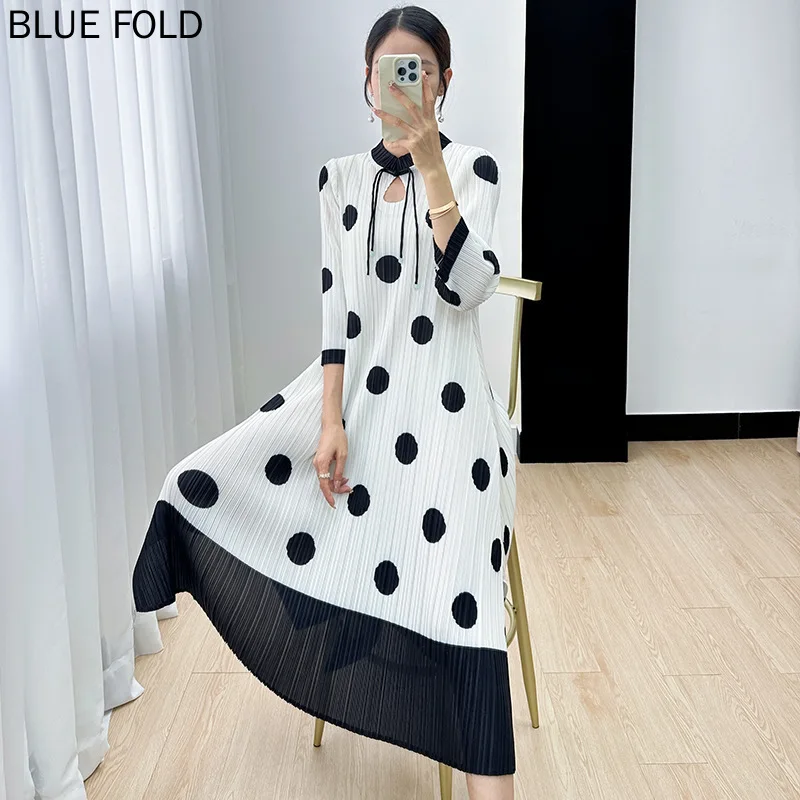 

Miyake Dress Women's New Spring and Autumn High-end Polka Dot Print Pleated Three-quarter Sleeve Mid-length Dress Elegant Vestid